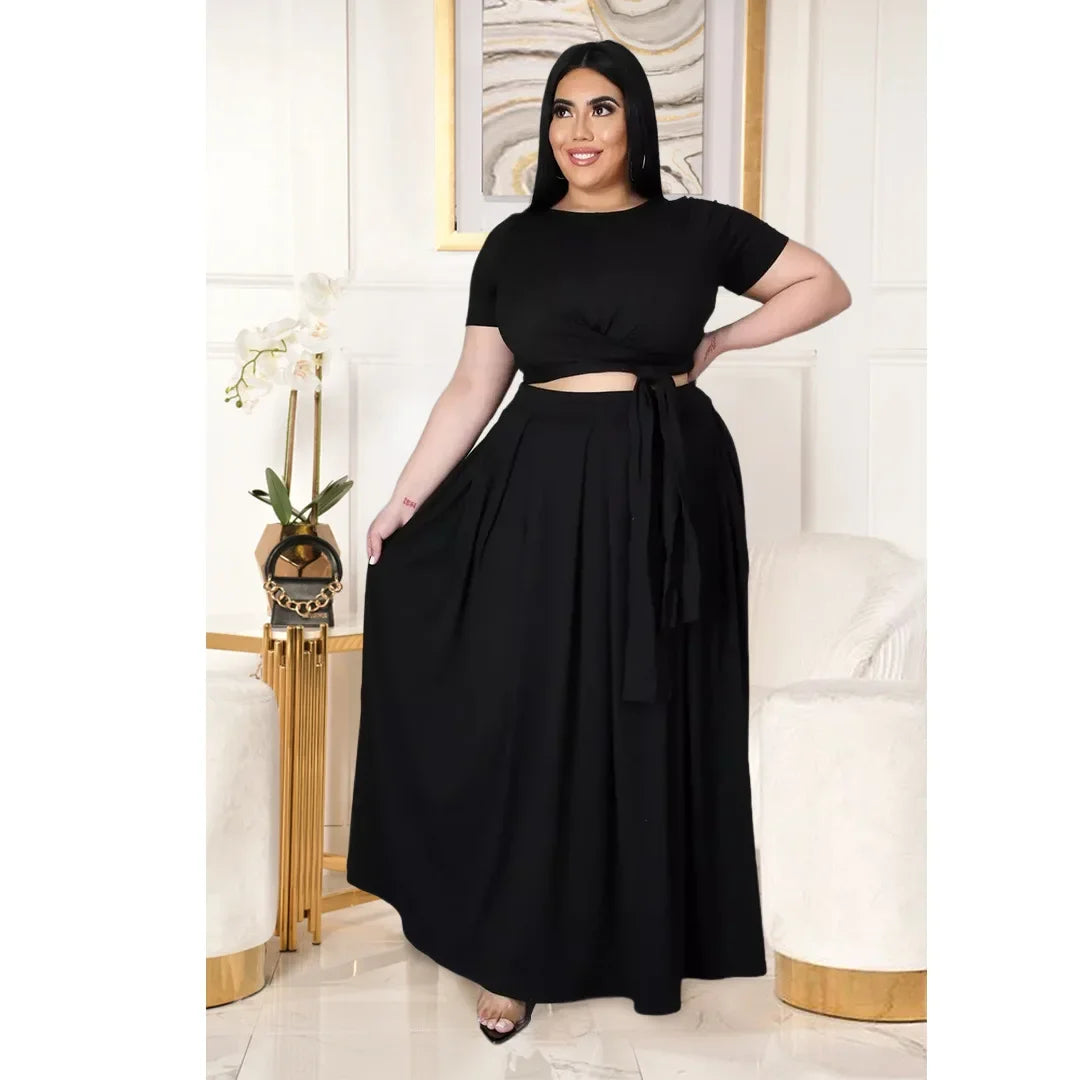 Plus Size Fashionable plus Size Women's Outfit Crossed Belted Skirt Two-Piece Set Solid Color Wide Hemline Stylish Ensemble