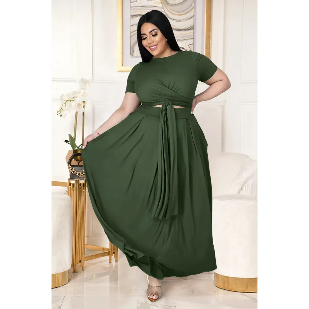 Plus Size Fashionable plus Size Women's Outfit Crossed Belted Skirt Two-Piece Set Solid Color Wide Hemline Stylish Ensemble