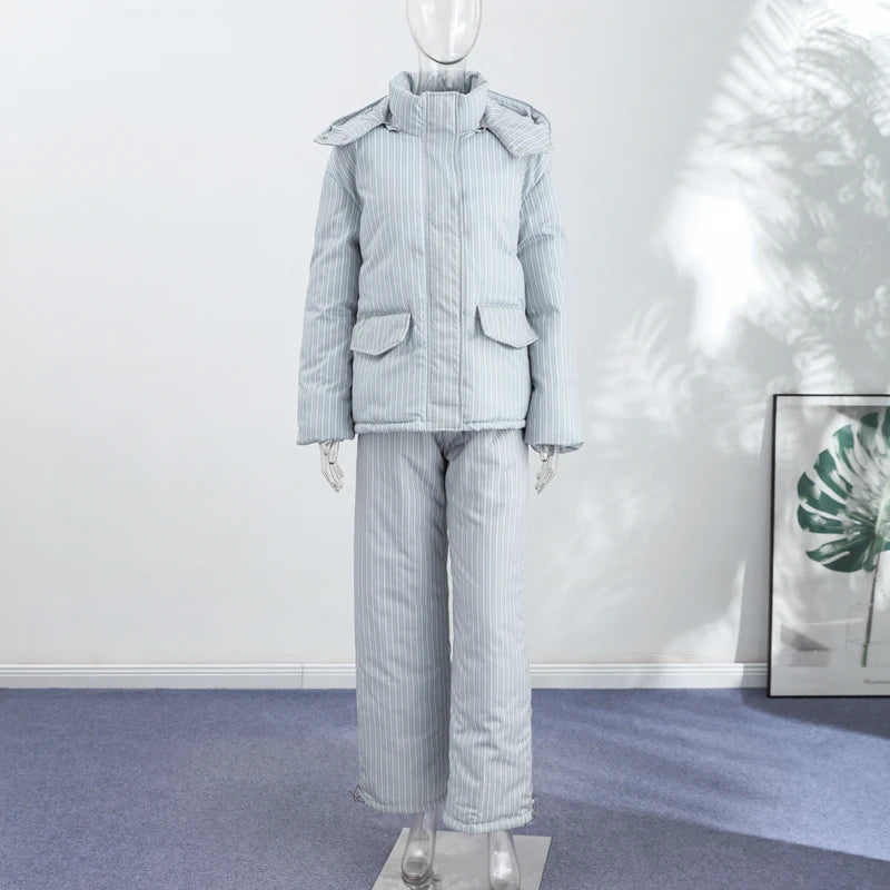 Chic Striped Hooded Puffer Coat Set