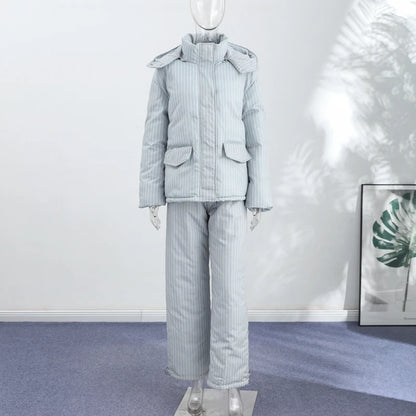 Chic Striped Hooded Puffer Coat Set