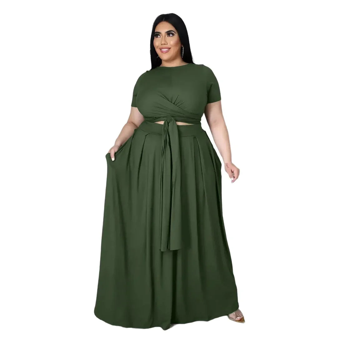 Plus Size Fashionable plus Size Women's Outfit Crossed Belted Skirt Two-Piece Set Solid Color Wide Hemline Stylish Ensemble