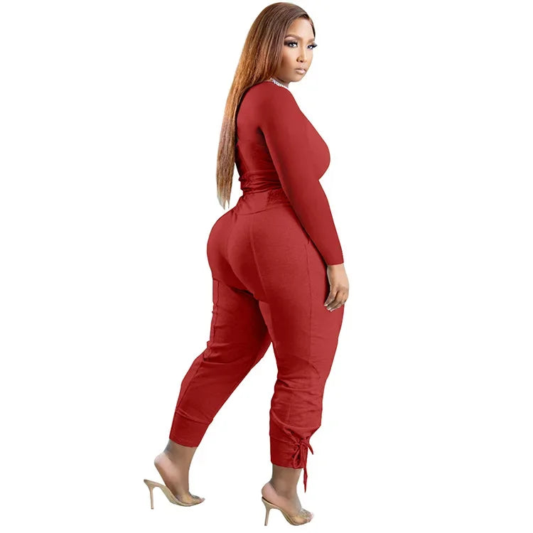 Plus Size Sexy Loose Fit Casual Two-Piece Set for plus Size Women V-Neck Pure Color Pantsuit Fashionable And Comfortable Ense...