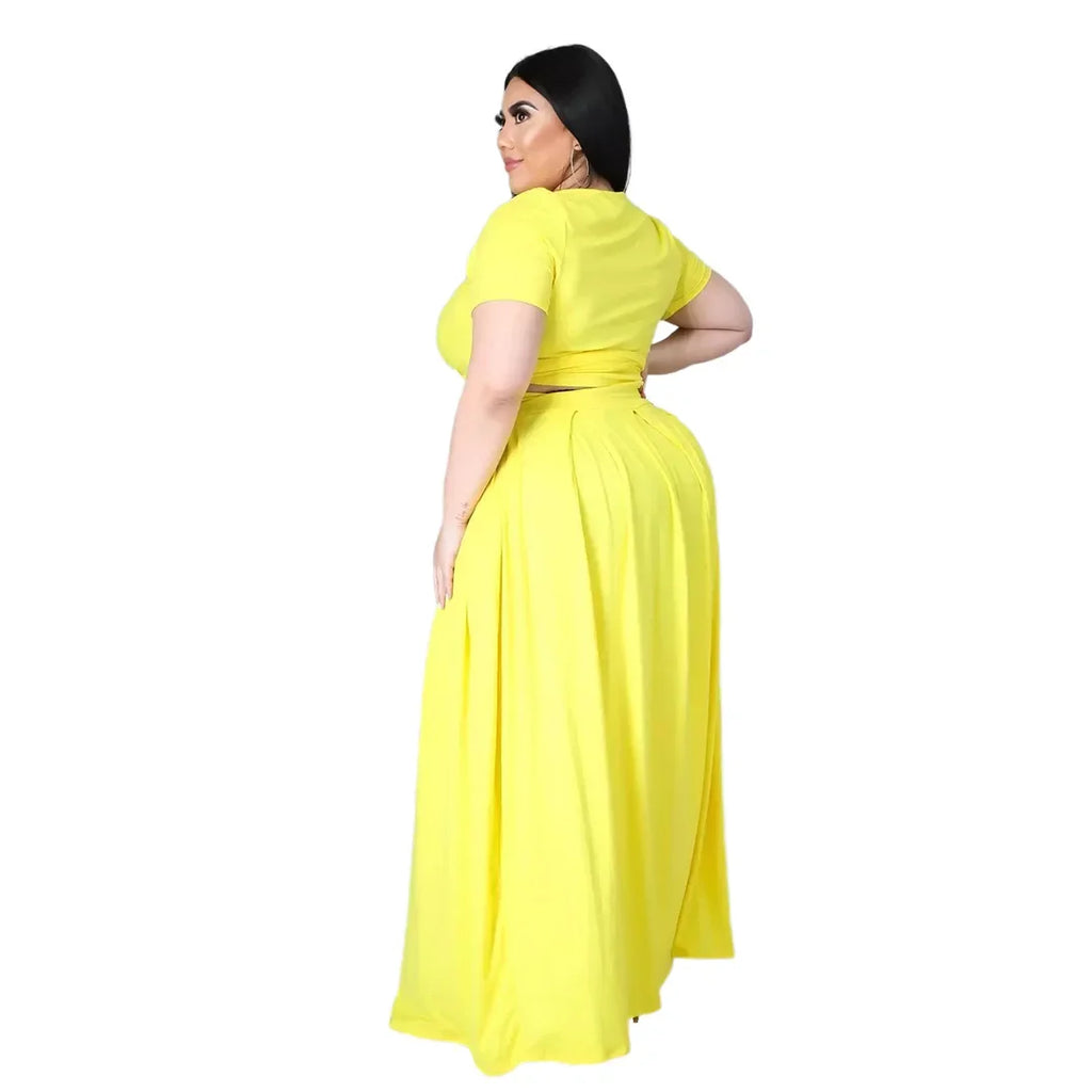 Plus Size Fashionable plus Size Women's Outfit Crossed Belted Skirt Two-Piece Set Solid Color Wide Hemline Stylish Ensemble