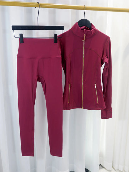 Gold zipper jacket and yoga pants set