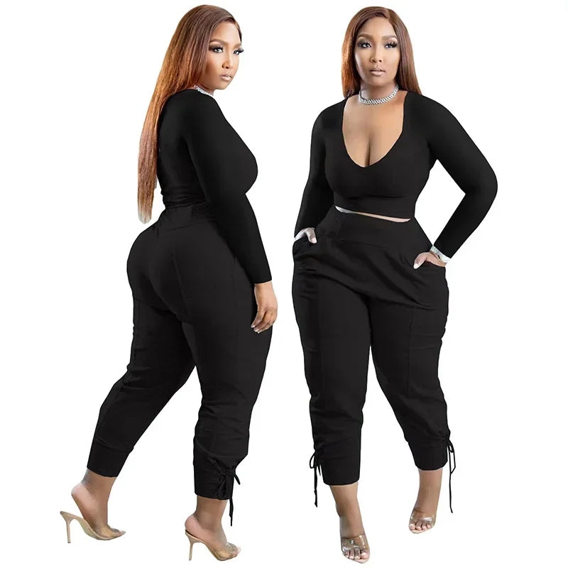 Plus Size Sexy Loose Fit Casual Two-Piece Set for plus Size Women V-Neck Pure Color Pantsuit Fashionable And Comfortable Ense...