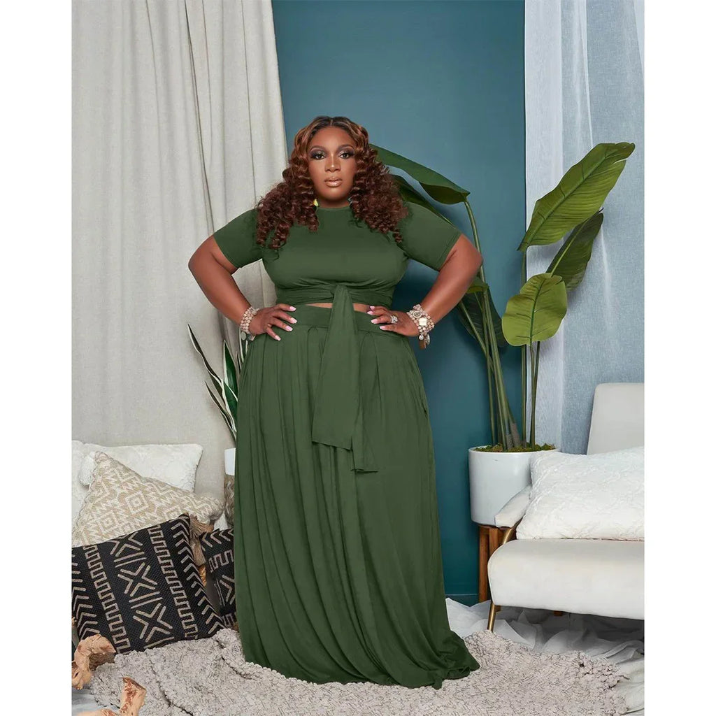 Plus Size Fashionable plus Size Women's Outfit Crossed Belted Skirt Two-Piece Set Solid Color Wide Hemline Stylish Ensemble