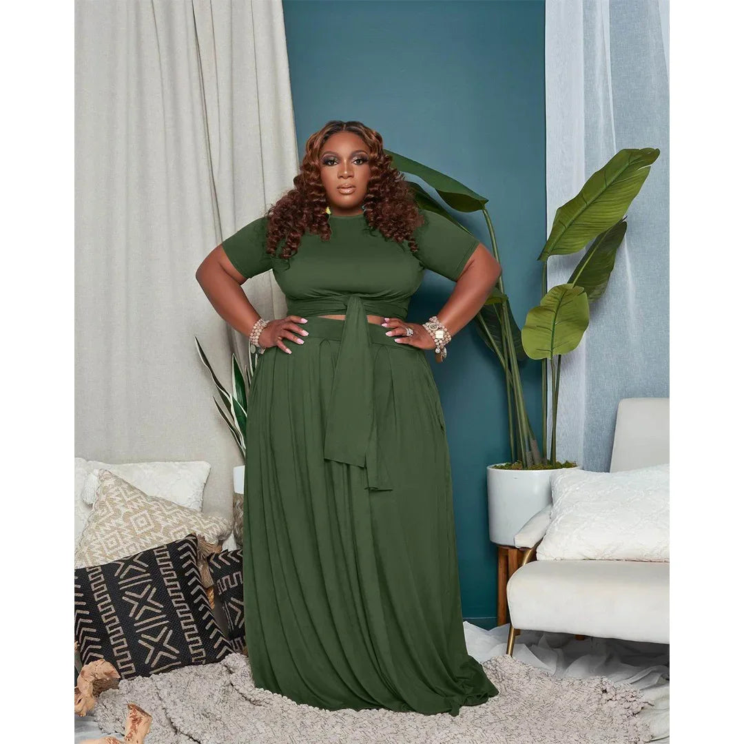 Plus Size Fashionable plus Size Women's Outfit Crossed Belted Skirt Two-Piece Set Solid Color Wide Hemline Stylish Ensemble