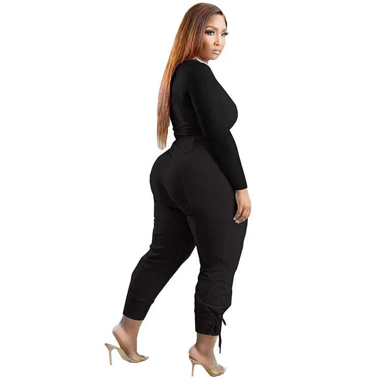 Plus Size Sexy Loose Fit Casual Two-Piece Set for plus Size Women V-Neck Pure Color Pantsuit Fashionable And Comfortable Ense...