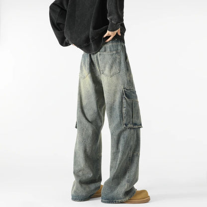 Men's Loose Fit Straight Wide Leg Cargo Jeans