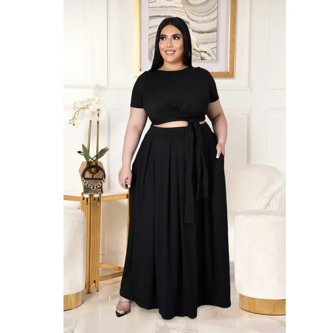 Plus Size Fashionable plus Size Women's Outfit Crossed Belted Skirt Two-Piece Set Solid Color Wide Hemline Stylish Ensemble