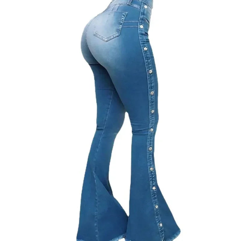 Women High Waist Stretch Denim Flare Pants