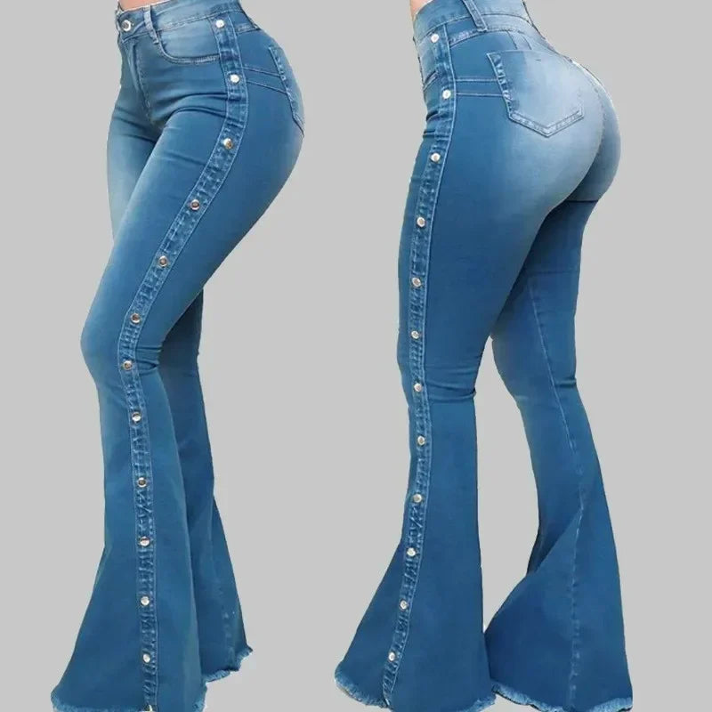 Women High Waist Stretch Denim Flare Pants