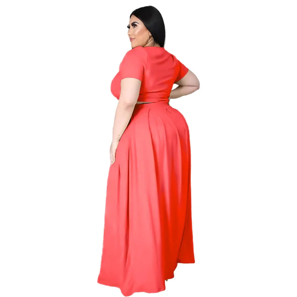 Plus Size Fashionable plus Size Women's Outfit Crossed Belted Skirt Two-Piece Set Solid Color Wide Hemline Stylish Ensemble
