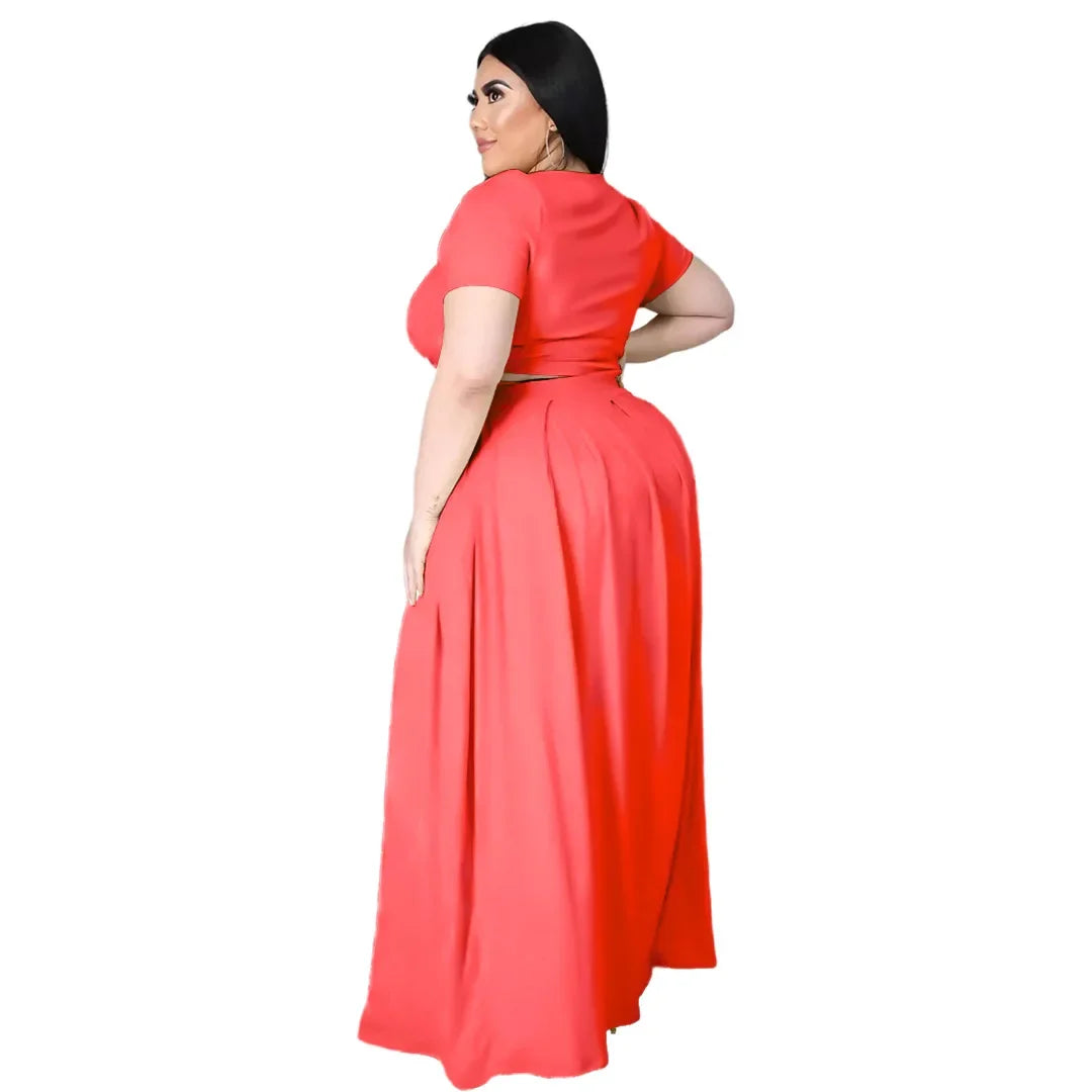 Plus Size Fashionable plus Size Women's Outfit Crossed Belted Skirt Two-Piece Set Solid Color Wide Hemline Stylish Ensemble