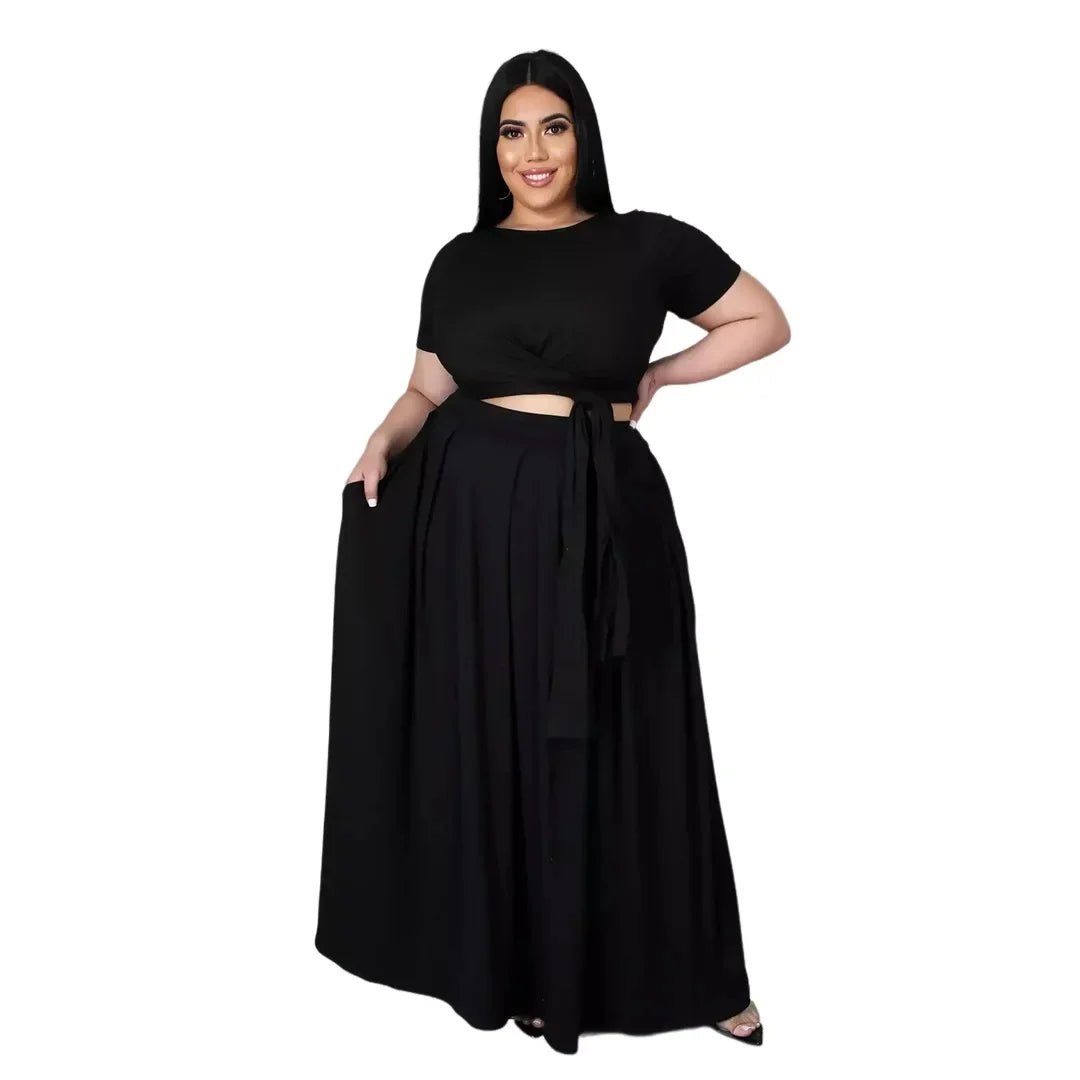 Plus Size Fashionable plus Size Women's Outfit Crossed Belted Skirt Two-Piece Set Solid Color Wide Hemline Stylish Ensemble