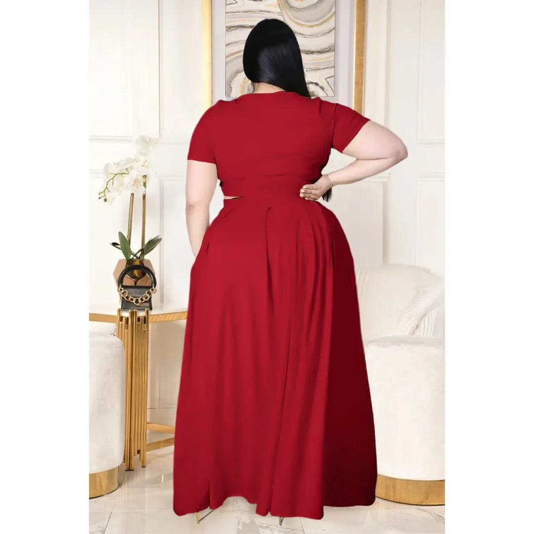 Plus Size Fashionable plus Size Women's Outfit Crossed Belted Skirt Two-Piece Set Solid Color Wide Hemline Stylish Ensemble