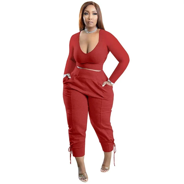 Plus Size Sexy Loose Fit Casual Two-Piece Set for plus Size Women V-Neck Pure Color Pantsuit Fashionable And Comfortable Ense...