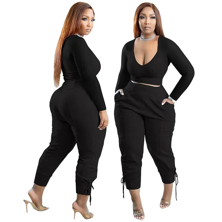 Plus Size Sexy Loose Fit Casual Two-Piece Set for plus Size Women V-Neck Pure Color Pantsuit Fashionable And Comfortable Ense...