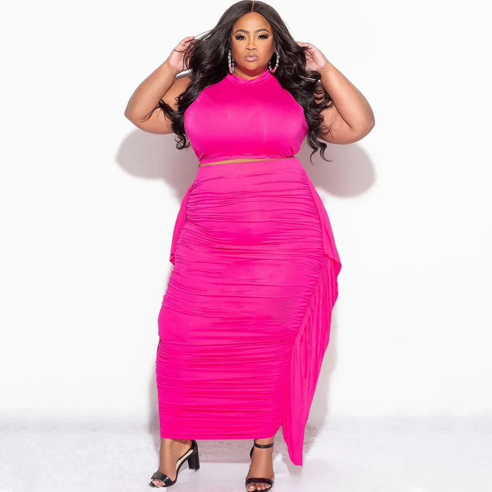 Plus Size Tassel Matching Set Women Chubby Crop Top Female Ruced Dress Luxury Elegant Outfit 2024 Summer Two Piece Skirt Set