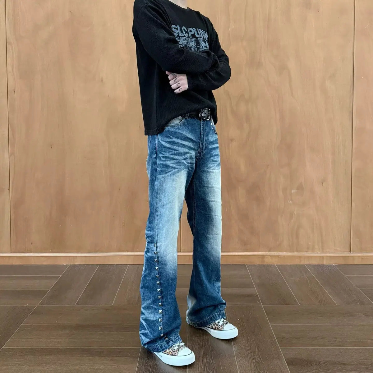 Vintage Washed Rivet Denim Jeans