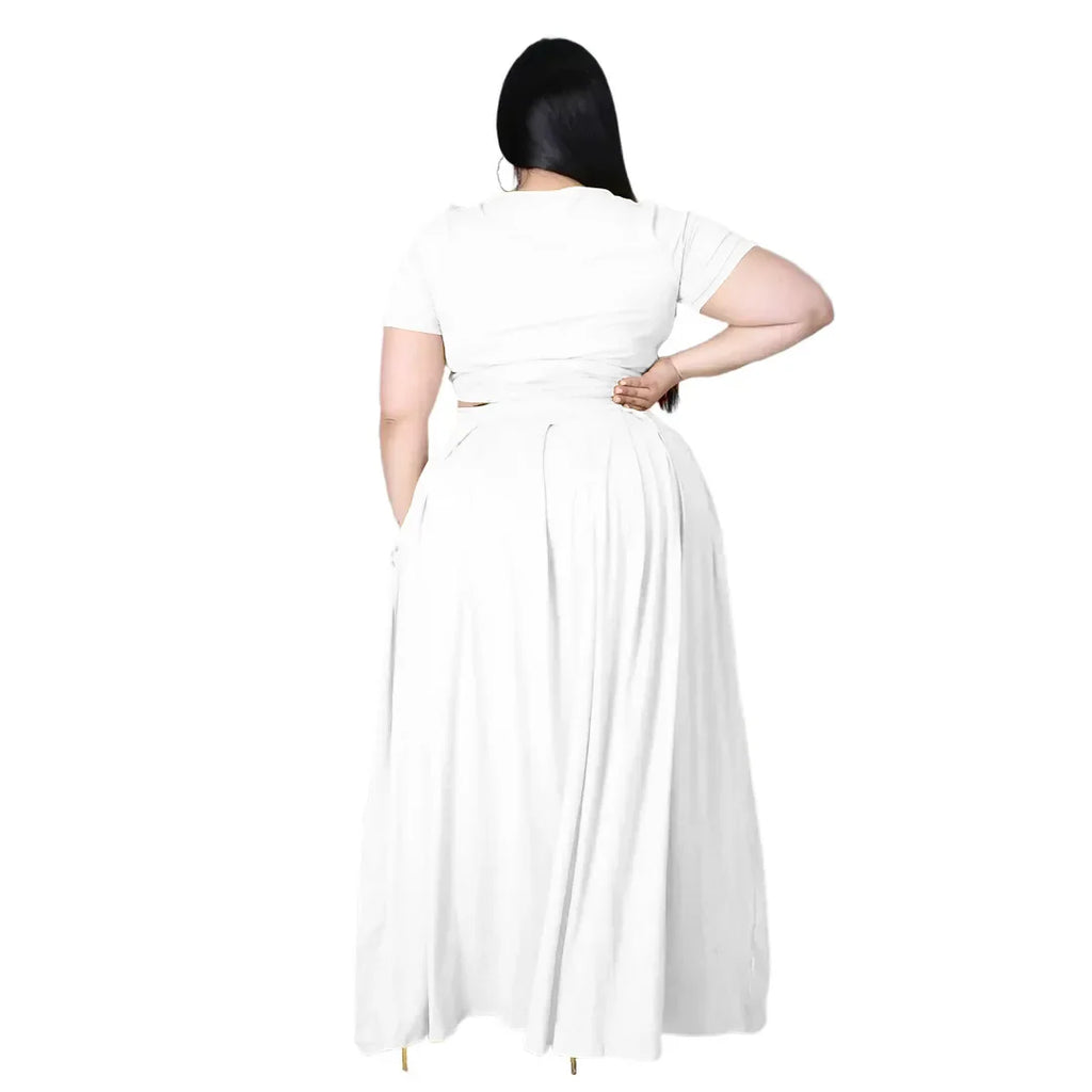 Plus Size Fashionable plus Size Women's Outfit Crossed Belted Skirt Two-Piece Set Solid Color Wide Hemline Stylish Ensemble