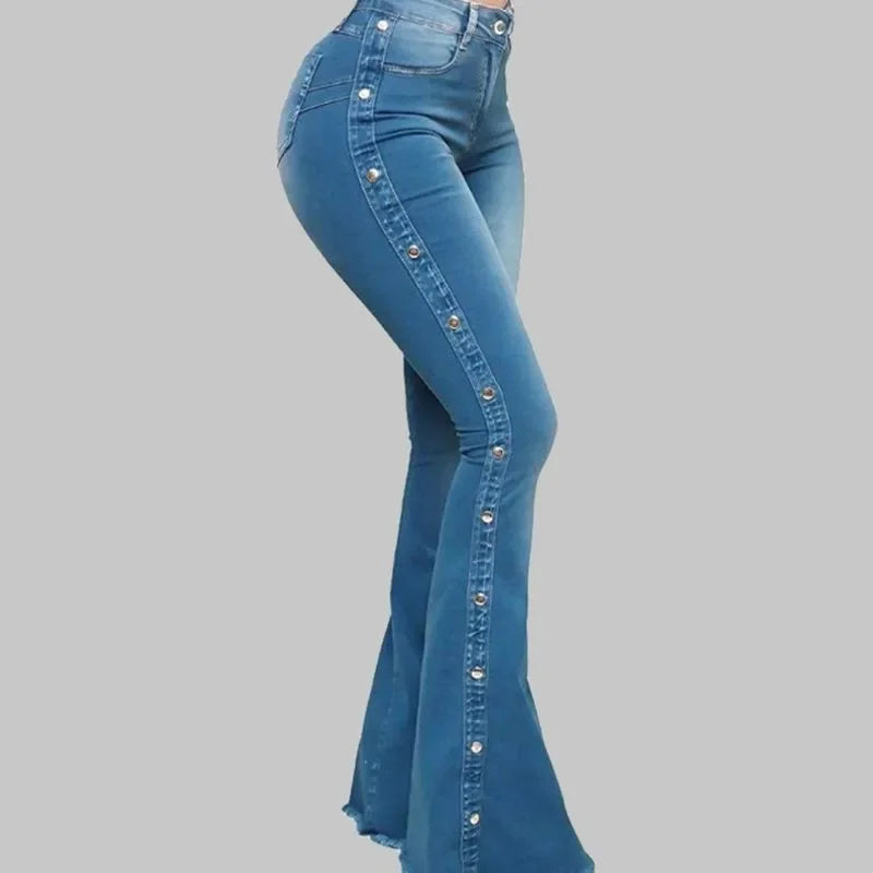 Women High Waist Stretch Denim Flare Pants