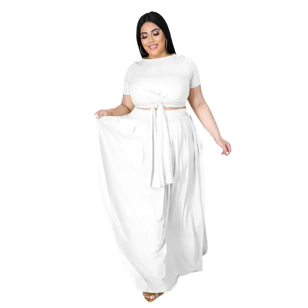 Plus Size Fashionable plus Size Women's Outfit Crossed Belted Skirt Two-Piece Set Solid Color Wide Hemline Stylish Ensemble