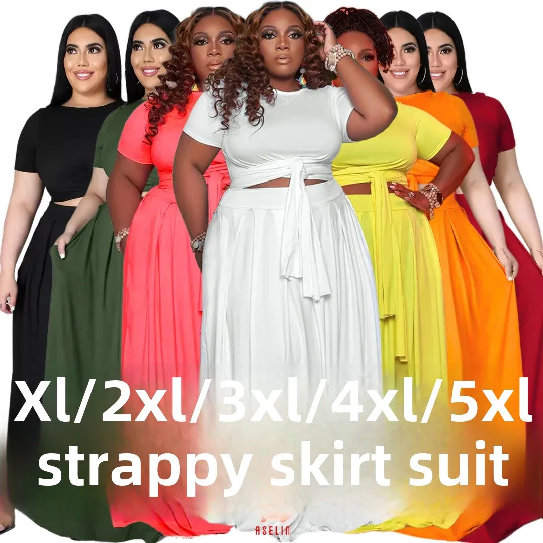 Plus Size Fashionable plus Size Women's Outfit Crossed Belted Skirt Two-Piece Set Solid Color Wide Hemline Stylish Ensemble