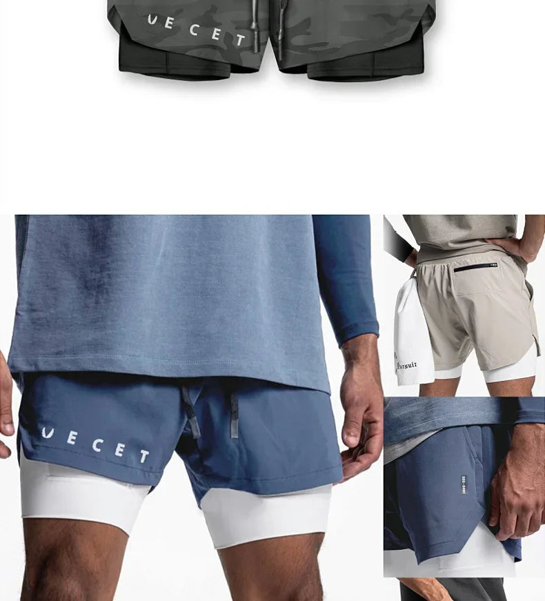 Mens Gyms Fitness 2 in 1 Quick Dry Shorts Summer Running Bodybuilding Jogging Casual Short Pants Workout Male Basketball Bottoms