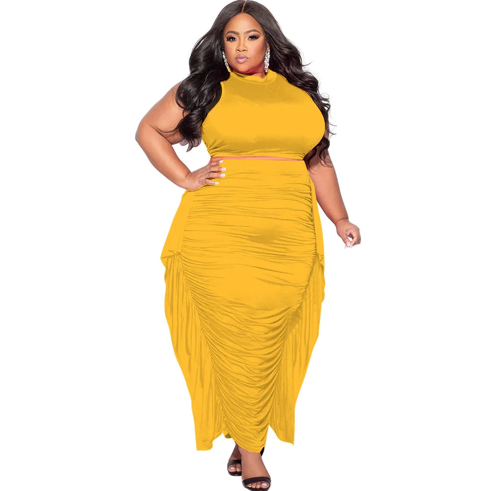 Plus Size Tassel Matching Set Women Chubby Crop Top Female Ruced Dress Luxury Elegant Outfit 2024 Summer Two Piece Skirt Set