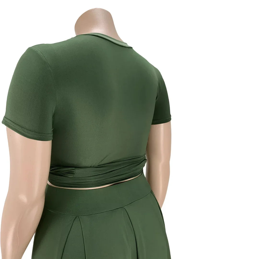 Plus Size Fashionable plus Size Women's Outfit Crossed Belted Skirt Two-Piece Set Solid Color Wide Hemline Stylish Ensemble