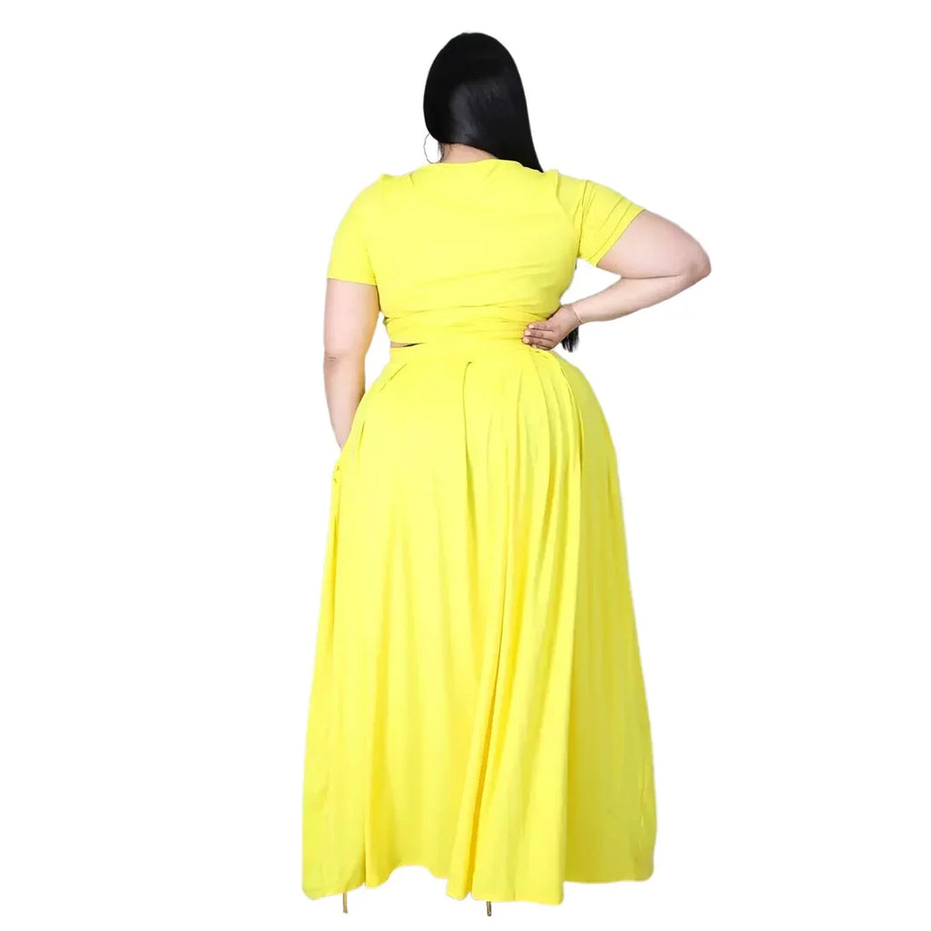 Plus Size Fashionable plus Size Women's Outfit Crossed Belted Skirt Two-Piece Set Solid Color Wide Hemline Stylish Ensemble