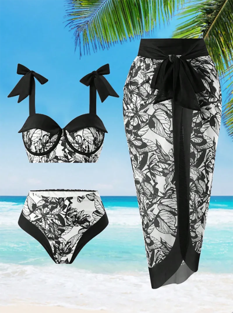 2025 Women Bikinis Set With Cover Swimsuit  Swimwear  Plus Size Push Up  Large Big Floral Swimming Suits Beachwear Bathing Suits