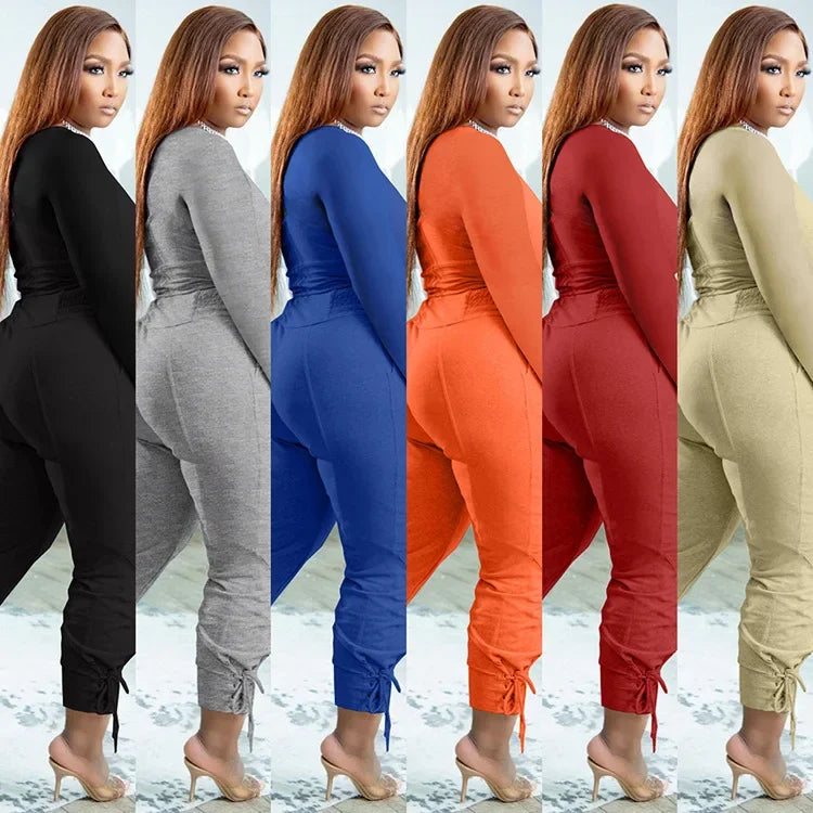 Plus Size Sexy Loose Fit Casual Two-Piece Set for plus Size Women V-Neck Pure Color Pantsuit Fashionable And Comfortable Ense...