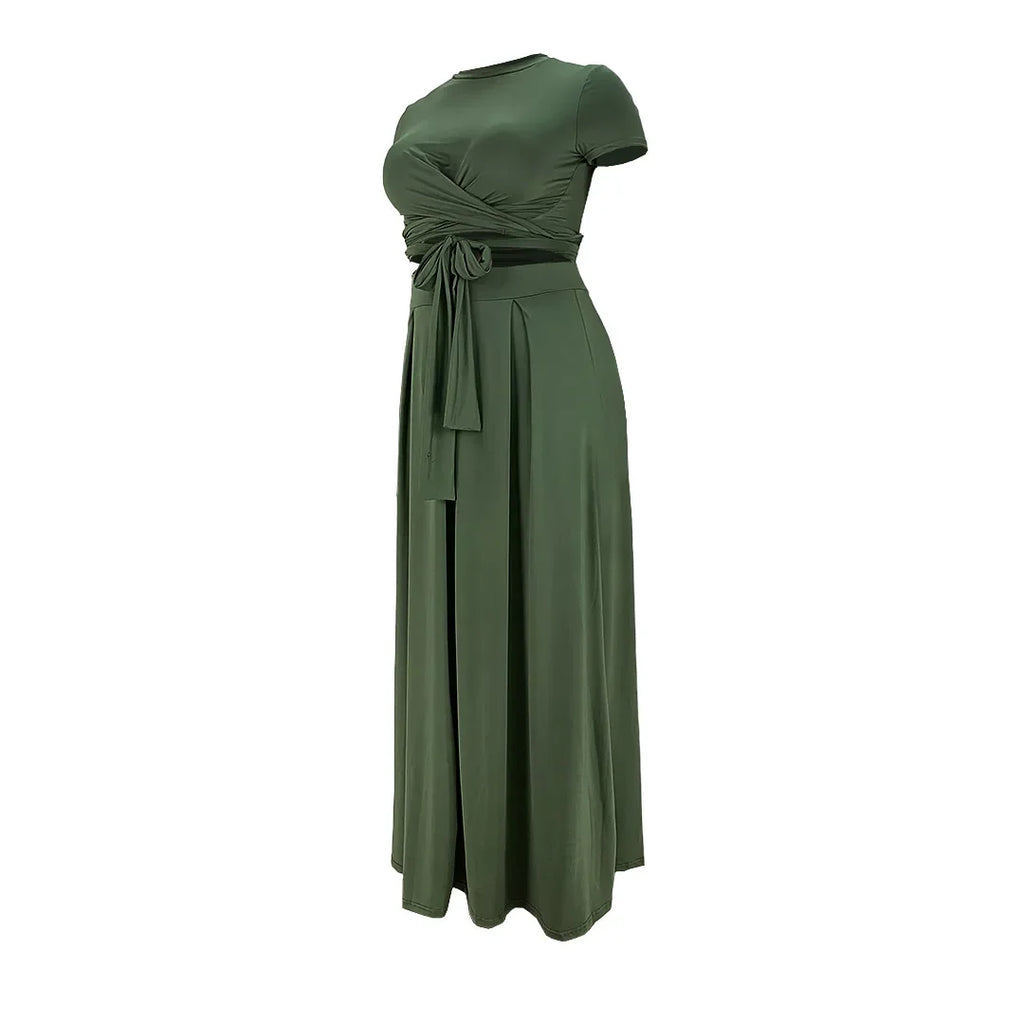 Plus Size Fashionable plus Size Women's Outfit Crossed Belted Skirt Two-Piece Set Solid Color Wide Hemline Stylish Ensemble