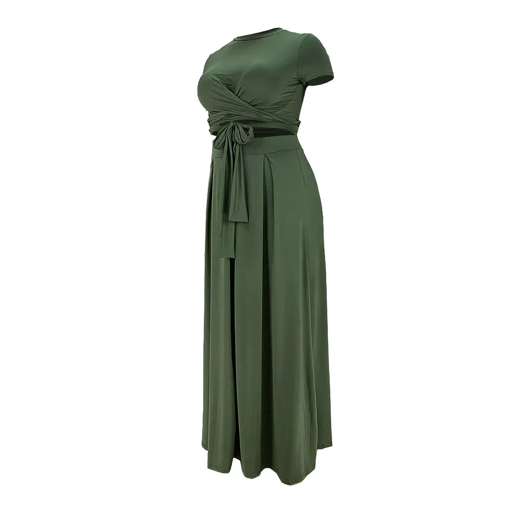 Plus Size Fashionable plus Size Women's Outfit Crossed Belted Skirt Two-Piece Set Solid Color Wide Hemline Stylish Ensemble