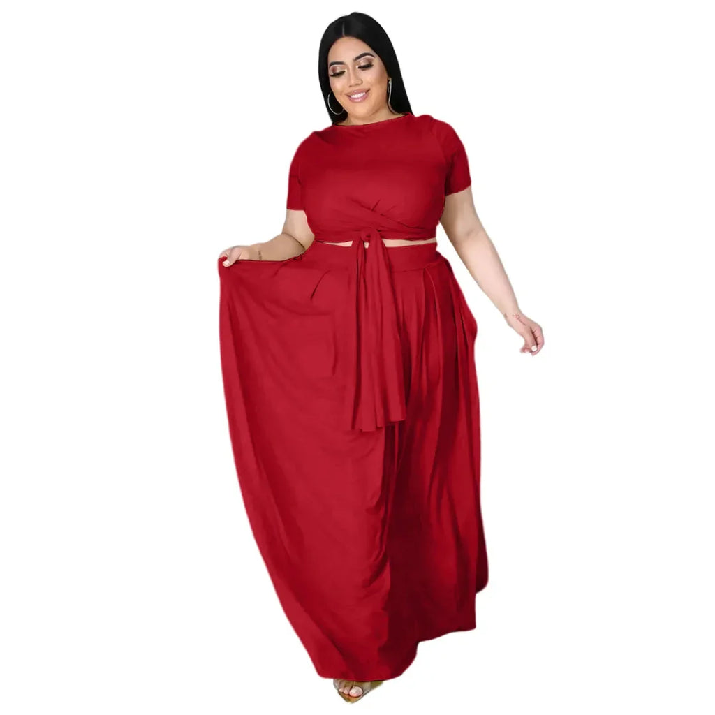 Plus Size Fashionable plus Size Women's Outfit Crossed Belted Skirt Two-Piece Set Solid Color Wide Hemline Stylish Ensemble