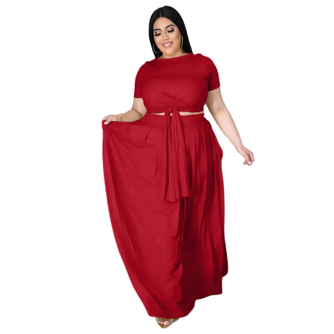 Plus Size Fashionable plus Size Women's Outfit Crossed Belted Skirt Two-Piece Set Solid Color Wide Hemline Stylish Ensemble