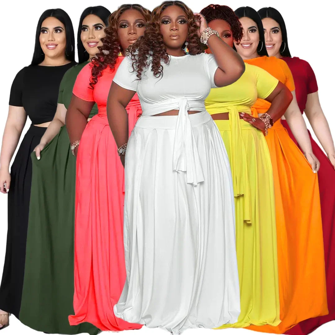 Plus Size Fashionable plus Size Women's Outfit Crossed Belted Skirt Two-Piece Set Solid Color Wide Hemline Stylish Ensemble