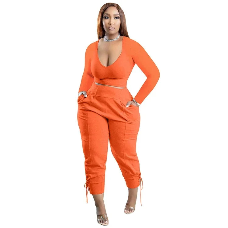 Plus Size Sexy Loose Fit Casual Two-Piece Set for plus Size Women V-Neck Pure Color Pantsuit Fashionable And Comfortable Ense...
