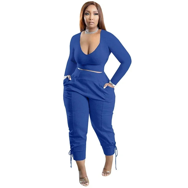 Plus Size Sexy Loose Fit Casual Two-Piece Set for plus Size Women V-Neck Pure Color Pantsuit Fashionable And Comfortable Ense...