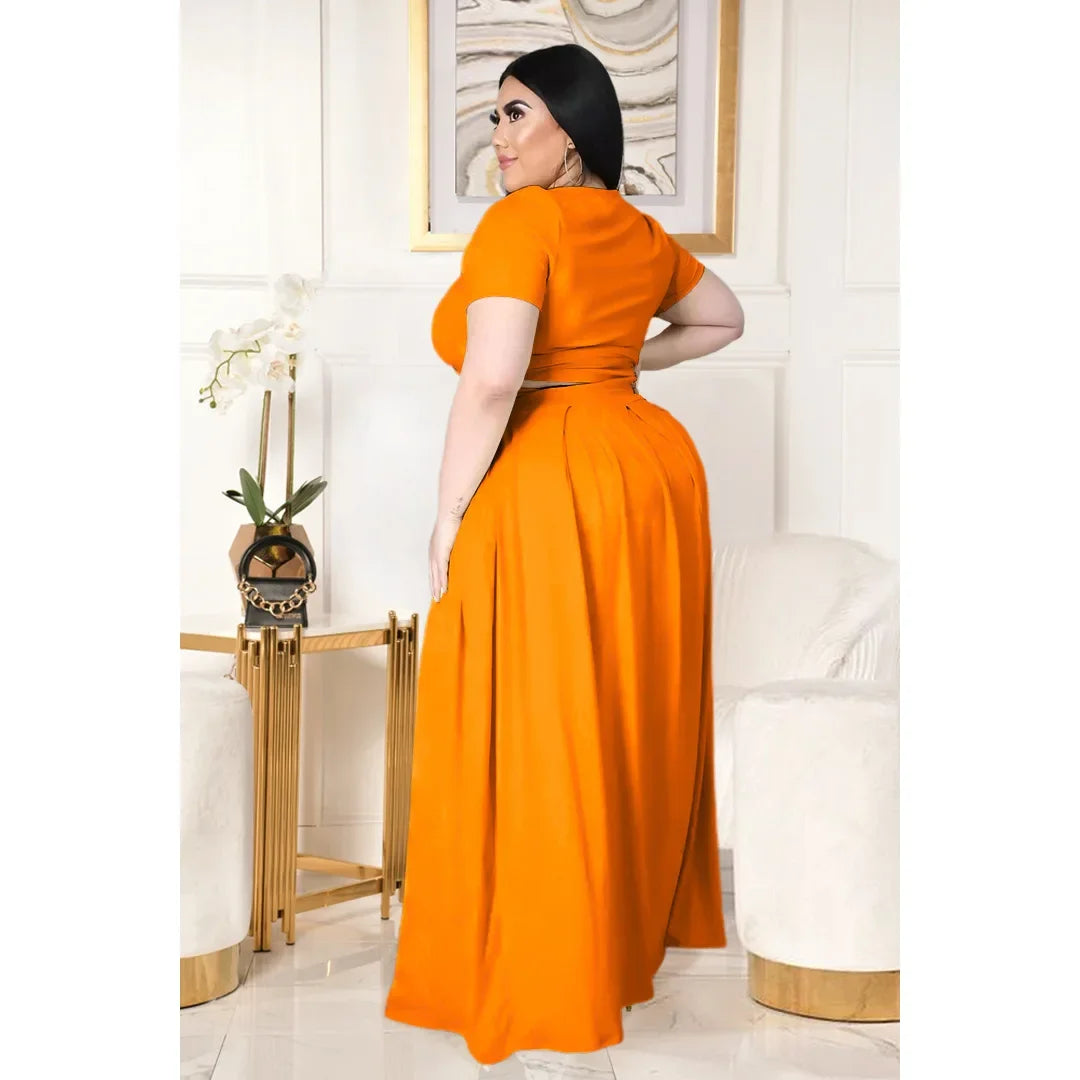 Plus Size Fashionable plus Size Women's Outfit Crossed Belted Skirt Two-Piece Set Solid Color Wide Hemline Stylish Ensemble