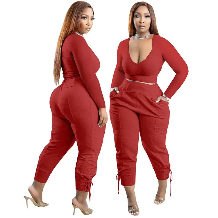 Plus Size Sexy Loose Fit Casual Two-Piece Set for plus Size Women V-Neck Pure Color Pantsuit Fashionable And Comfortable Ense...