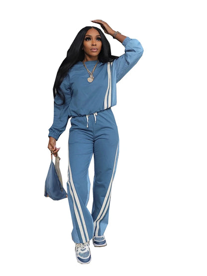 Stripe Full Sleeve Sweatshirt and Drawstring Long Pants 2 Piece Sets