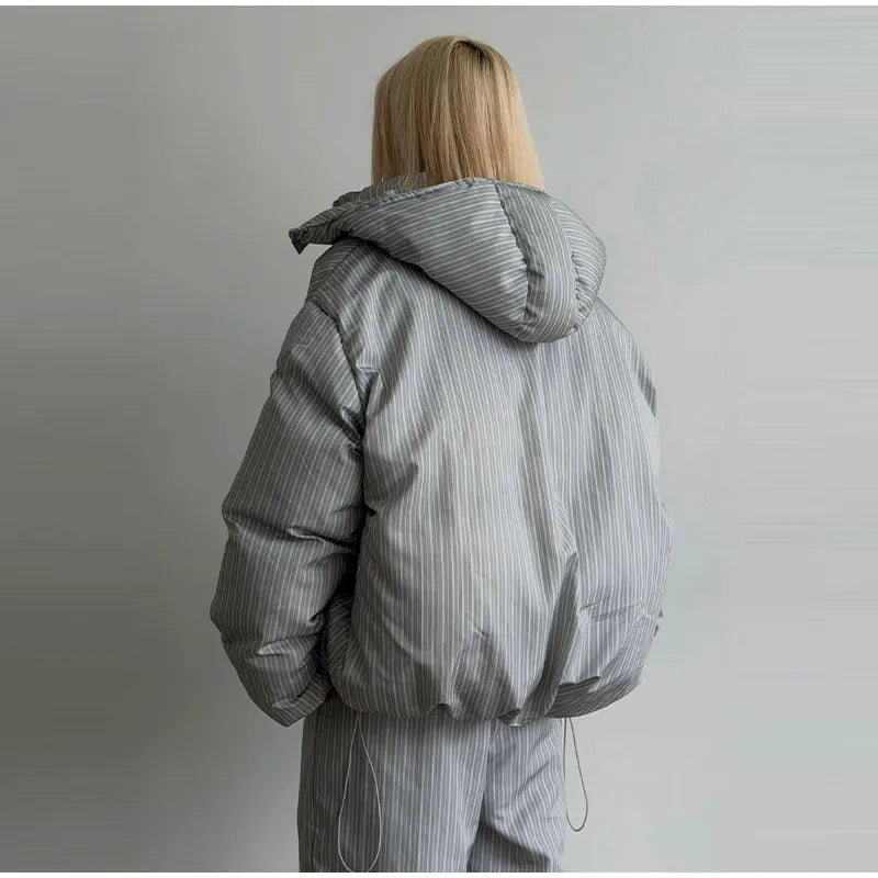 Chic Striped Hooded Puffer Coat Set