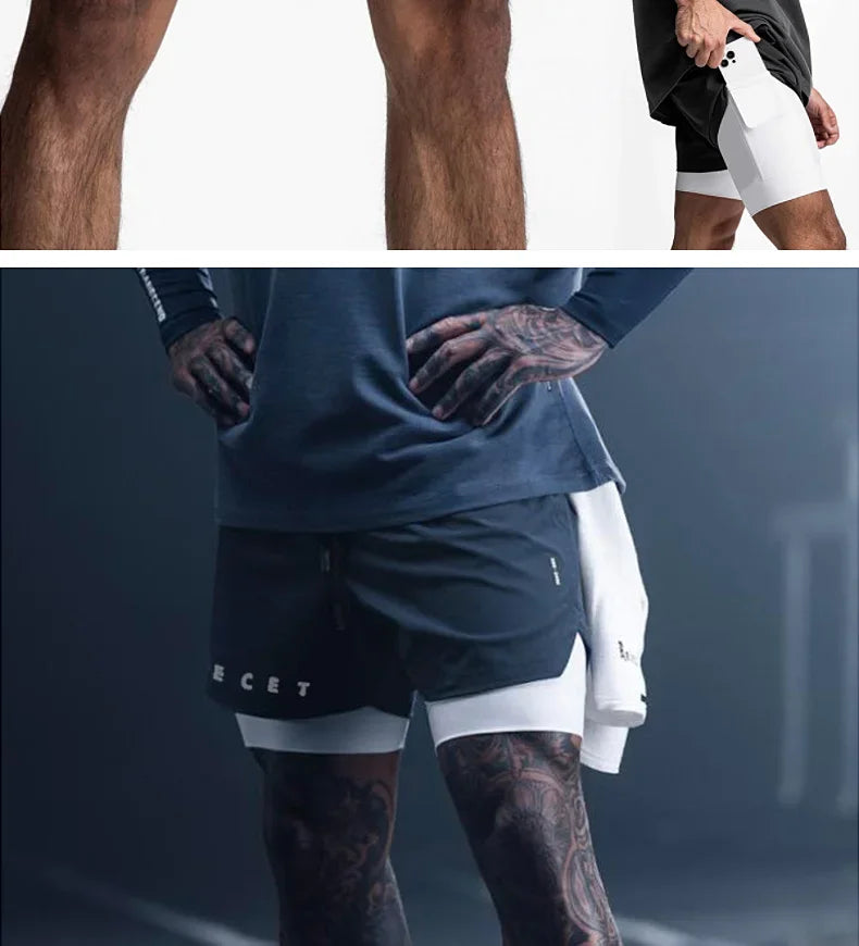 Mens Gyms Fitness 2 in 1 Quick Dry Shorts Summer Running Bodybuilding Jogging Casual Short Pants Workout Male Basketball Bottoms