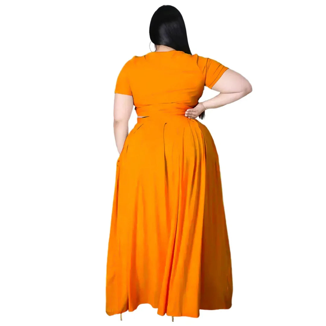Plus Size Fashionable plus Size Women's Outfit Crossed Belted Skirt Two-Piece Set Solid Color Wide Hemline Stylish Ensemble