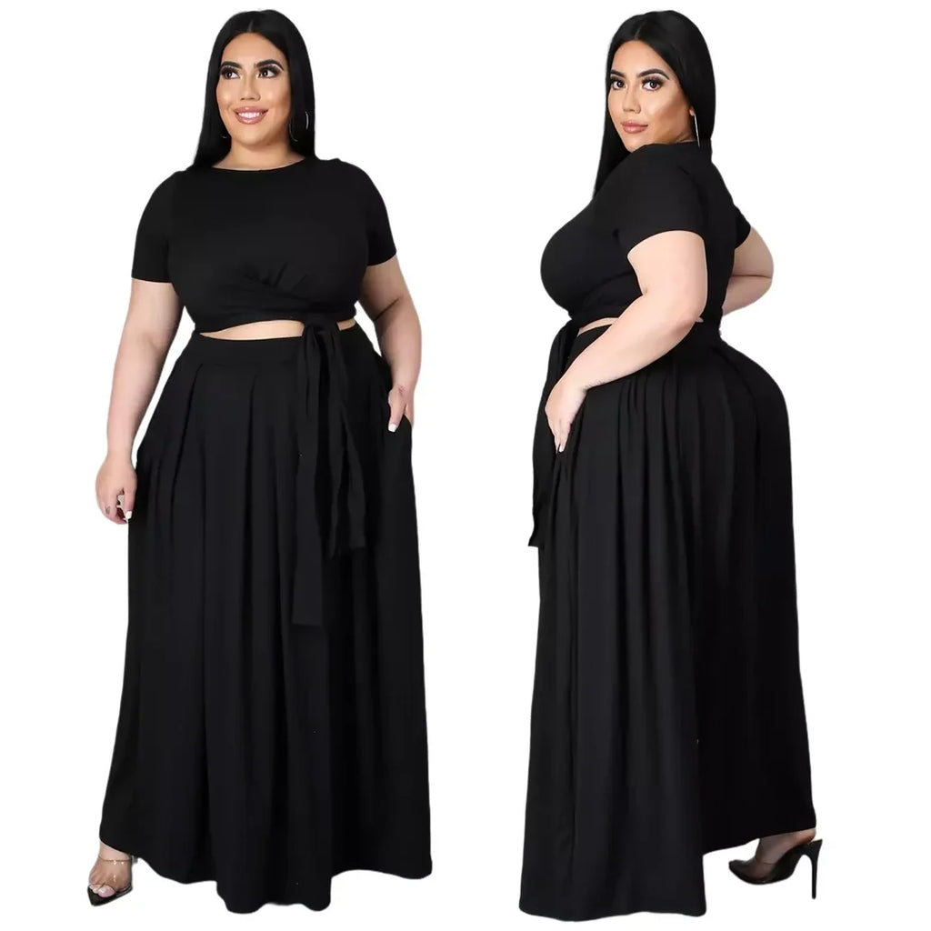 Plus Size Fashionable plus Size Women's Outfit Crossed Belted Skirt Two-Piece Set Solid Color Wide Hemline Stylish Ensemble