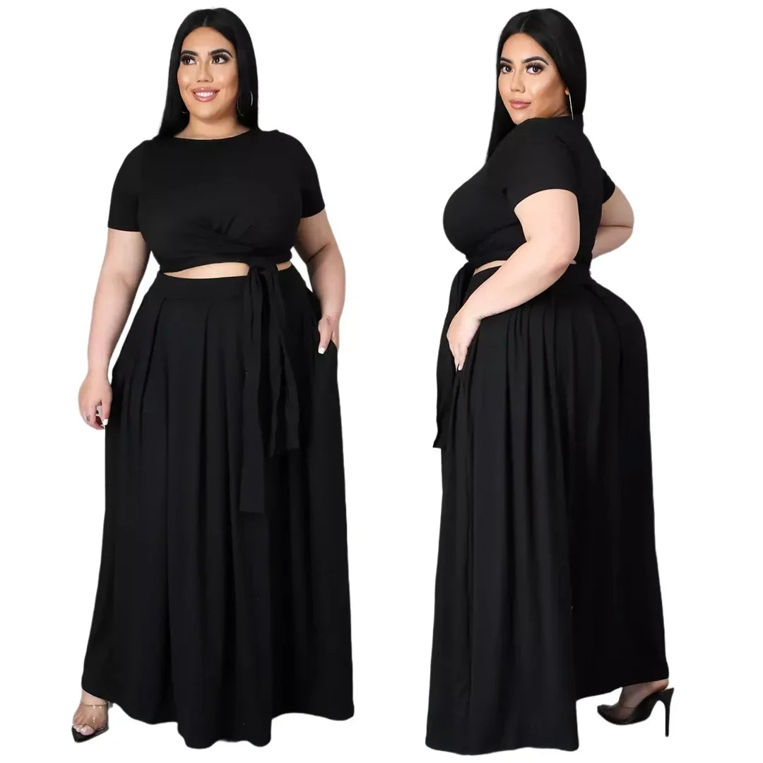 Plus Size Fashionable plus Size Women's Outfit Crossed Belted Skirt Two-Piece Set Solid Color Wide Hemline Stylish Ensemble